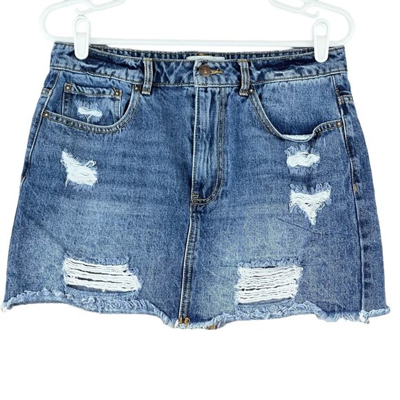 Forever 21 Women's Denim Mini Skirt Size Large  Distressed Raw Hem Cotton Blue - Picture 1 of 10